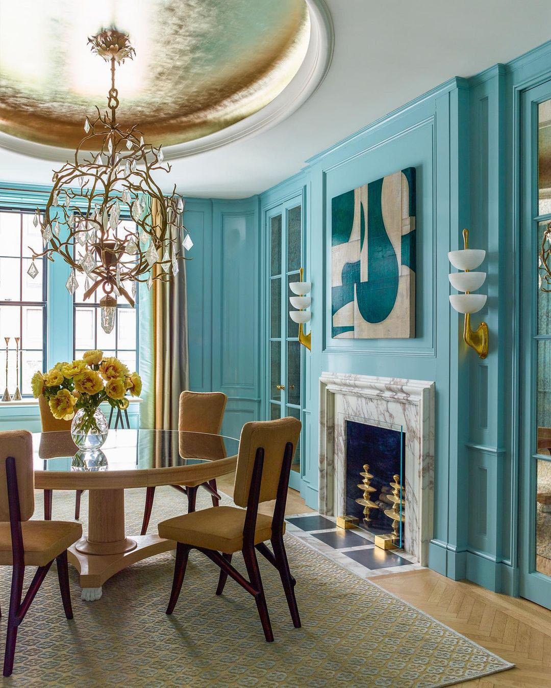 Blue-Lacquered Wood Paneled Dining Room
