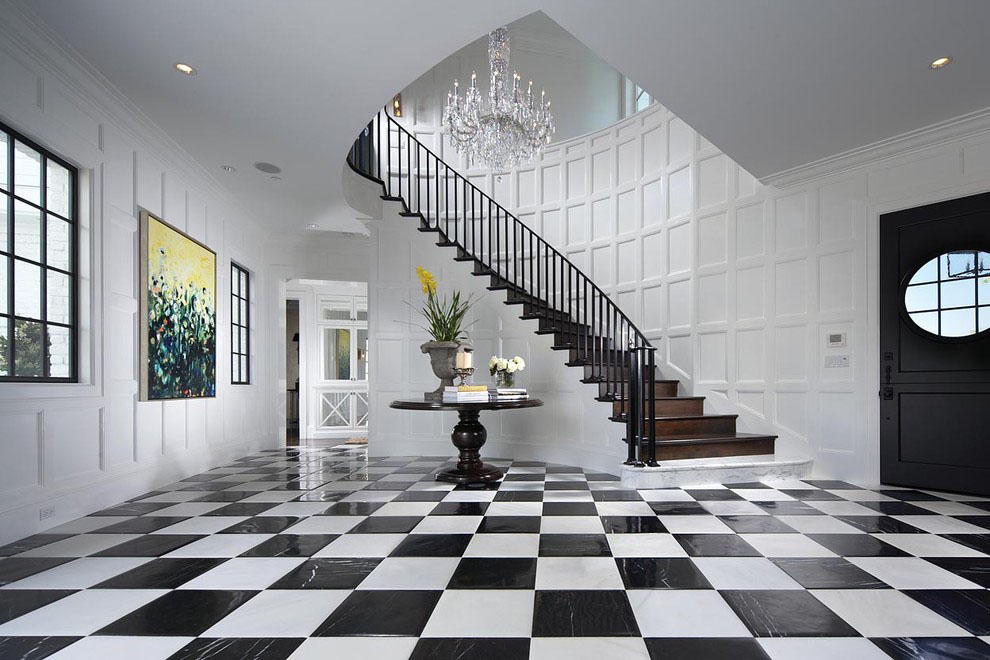 Dramatic Contemporary Curved Staircase and Checkered Floor