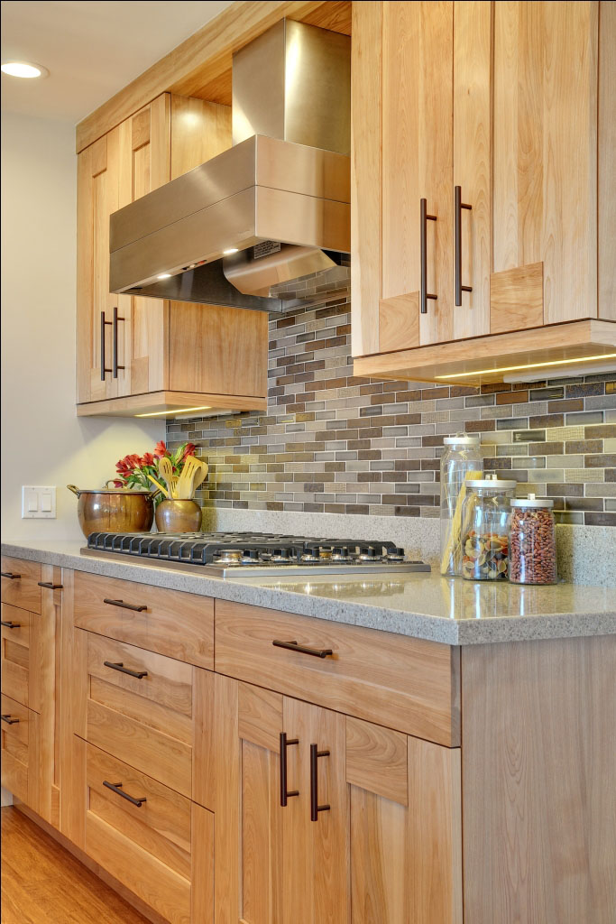 Contemporary Kitchen with Quartz Countertops and Red Birch Cabinets