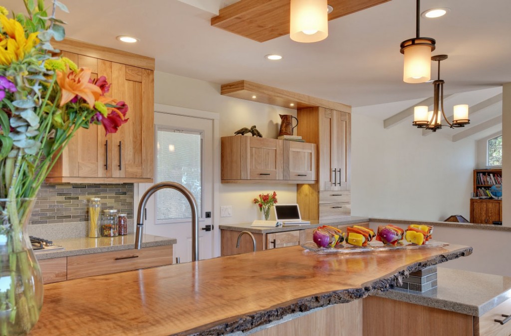 Contemporary Kitchen with Quartz Countertops and Red Birch