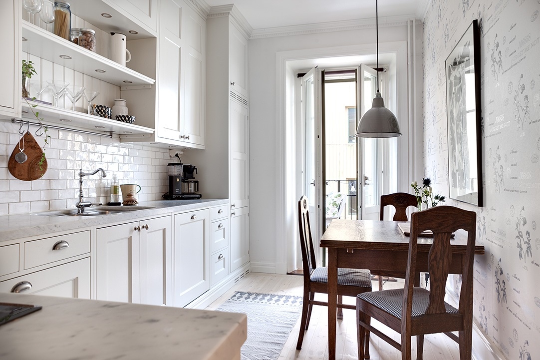 New White Kitchen Cabinet with Marble Countertop