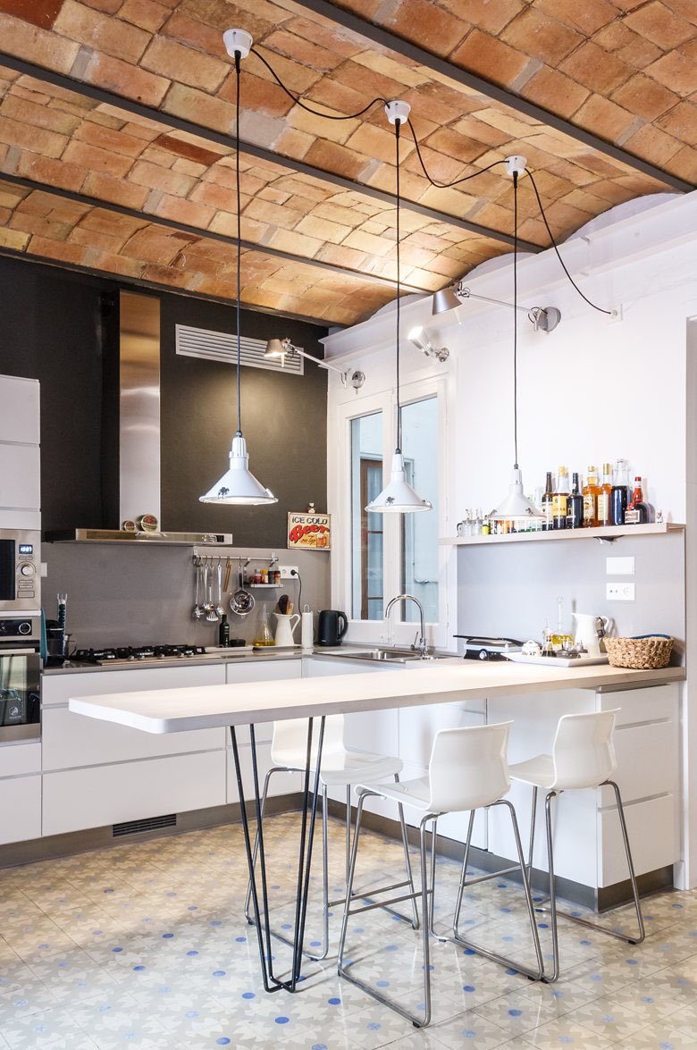 Charming Modern Kitchen with Catalan Brick Barrel Vault Ceiling