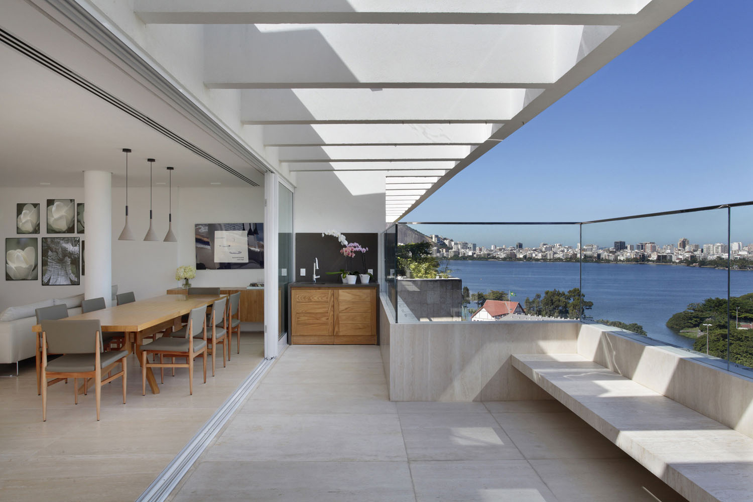 Terrace with Turkish travertine honed marble