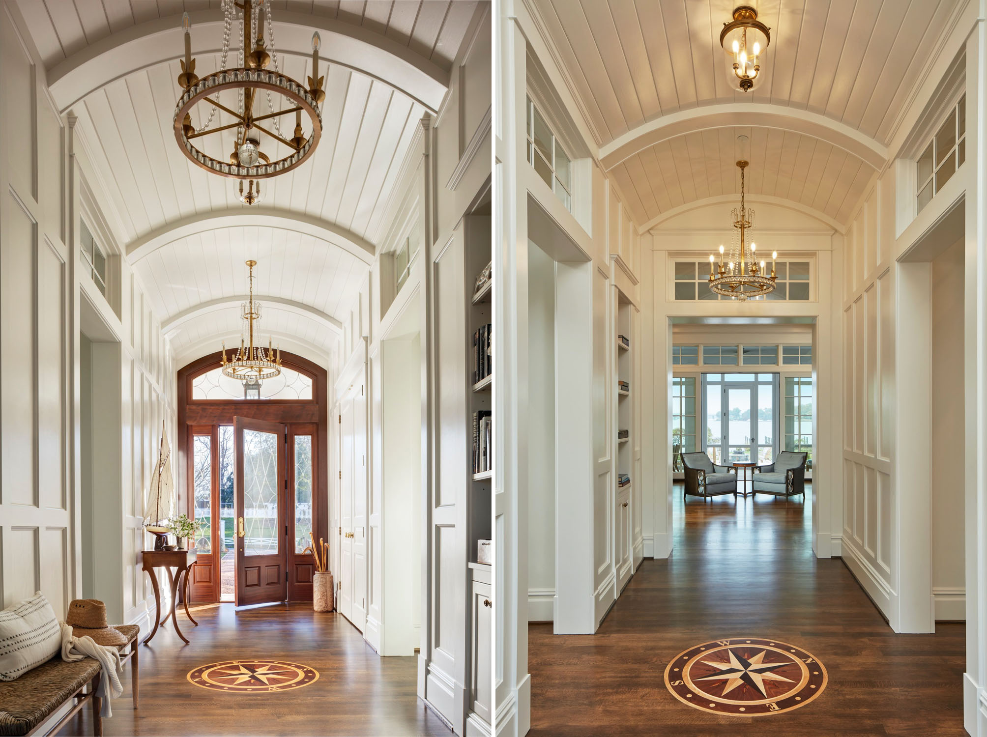 Hallway with Curved Beadboard Ceilings and Handcrafted Compass Inlay on Hardwood Floor