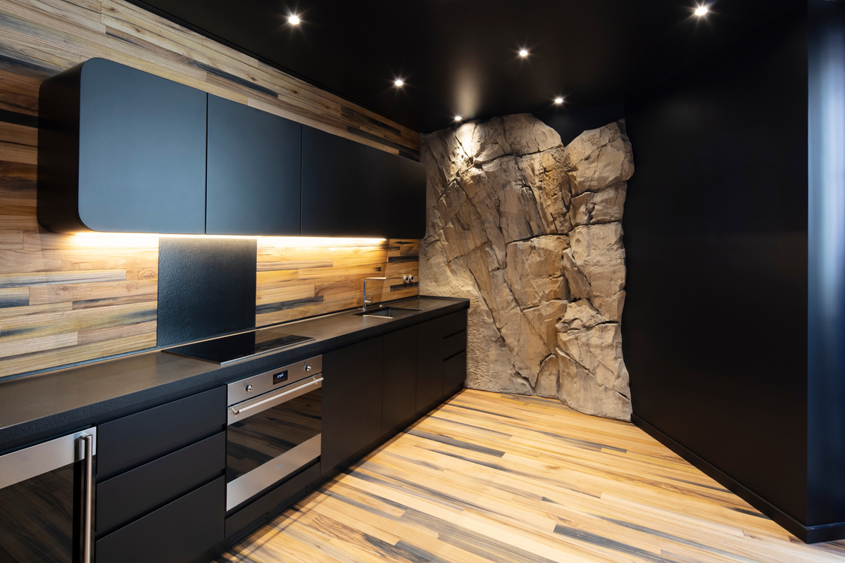 Modern Kitchen with Rock Wall