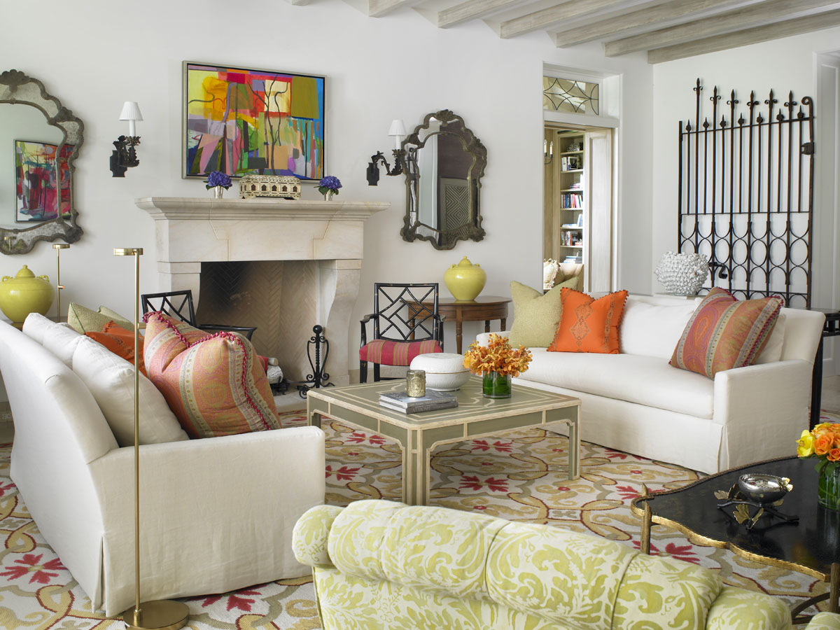 Living Room with Limestone Fireplace