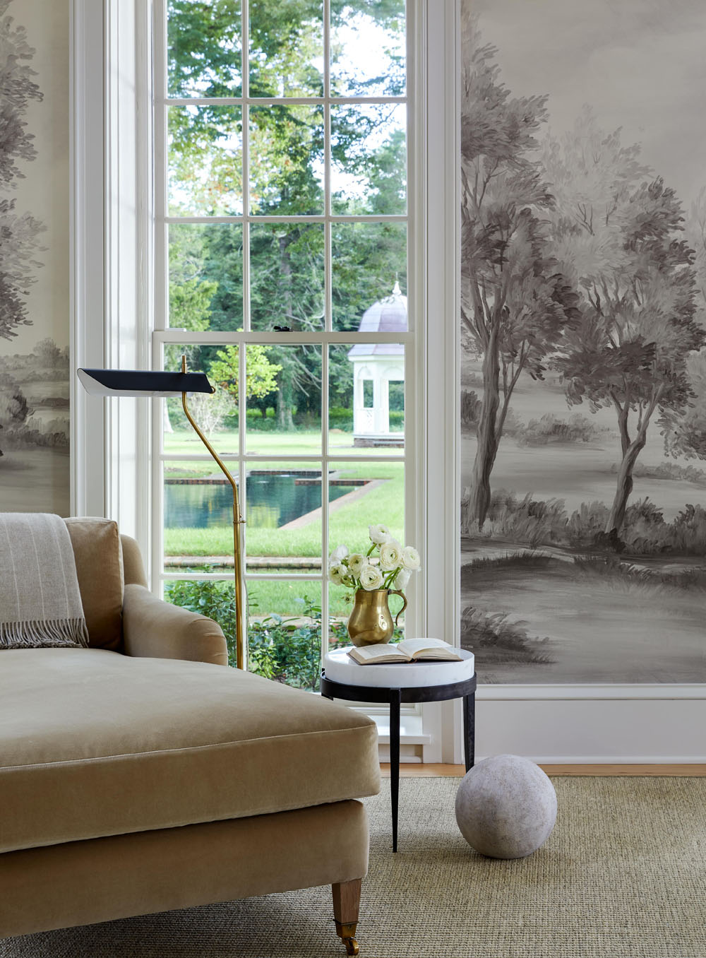 Living Room with Romantic Landscape Mural Wallpaper