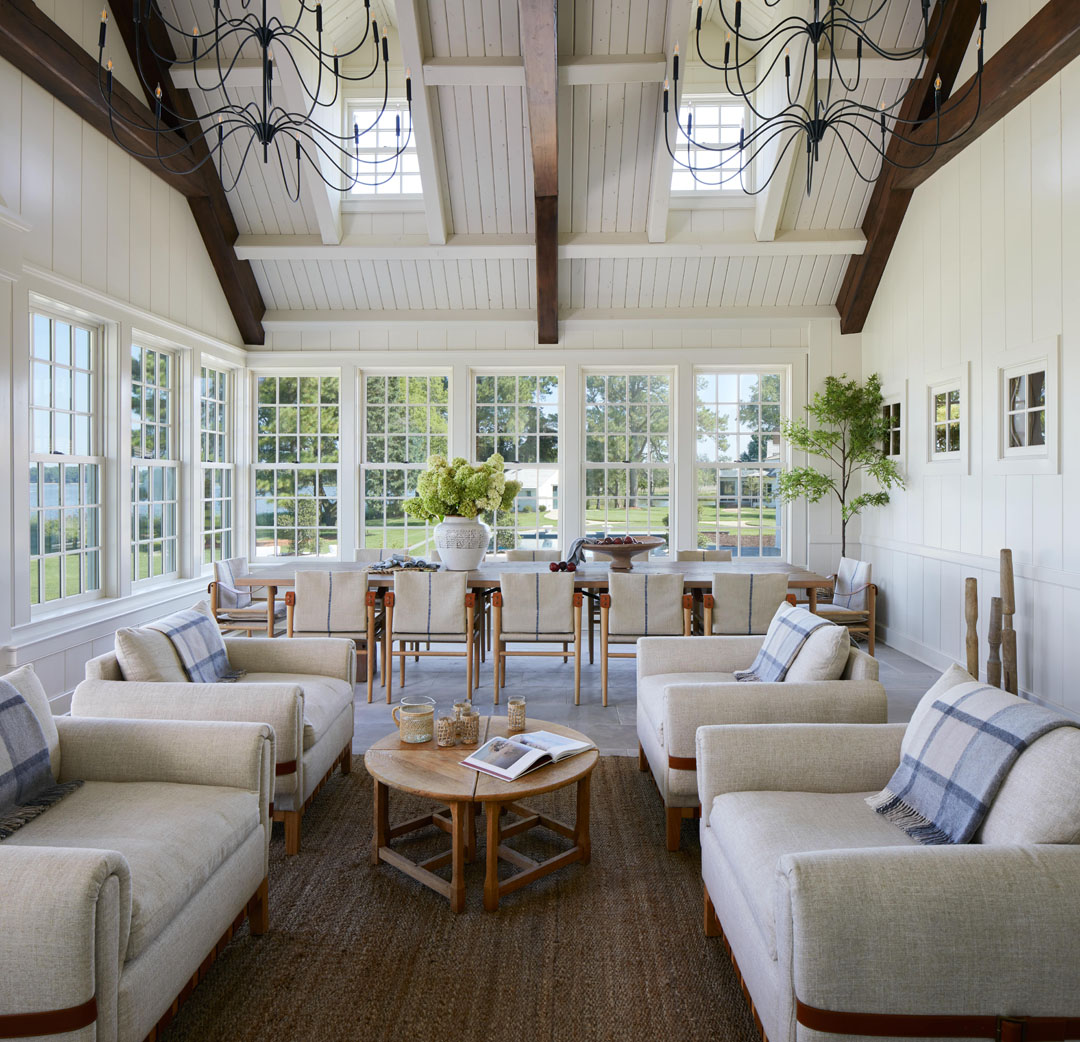 Grand Family Room with Vaulted Ceilings and Wood Beams 