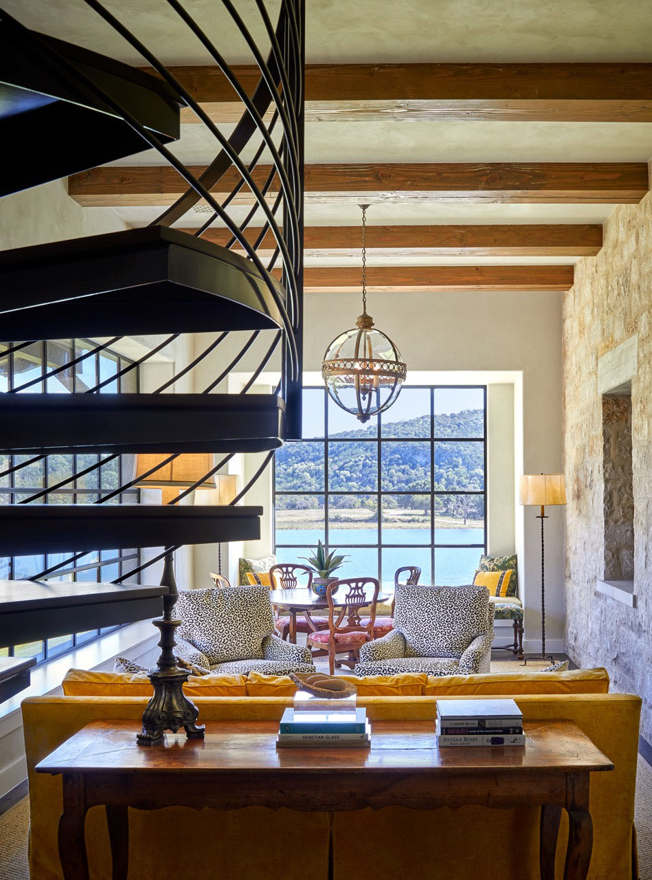 Stone Wall, Wood Beams, Metal Windows and Staircase