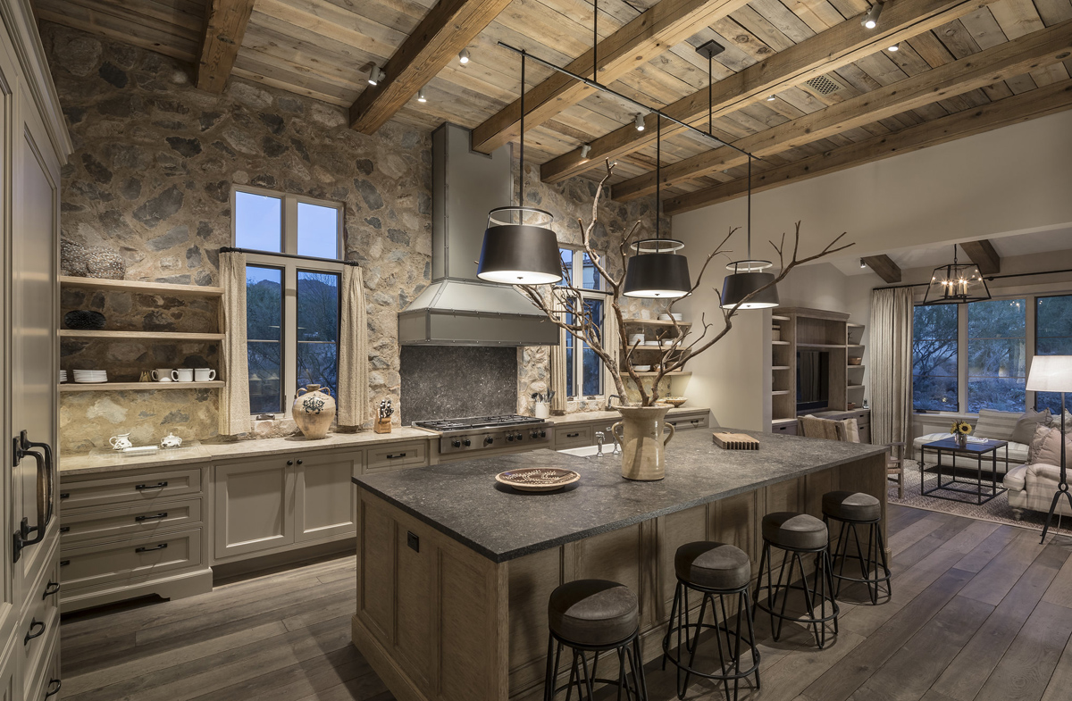 Rustic Country Style Kitchen with Stone Walls and Reclaimed Wood Beams