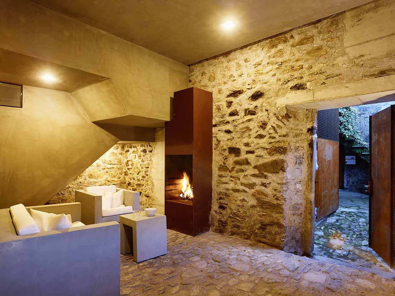 Living Room with Rustic Stone Walls