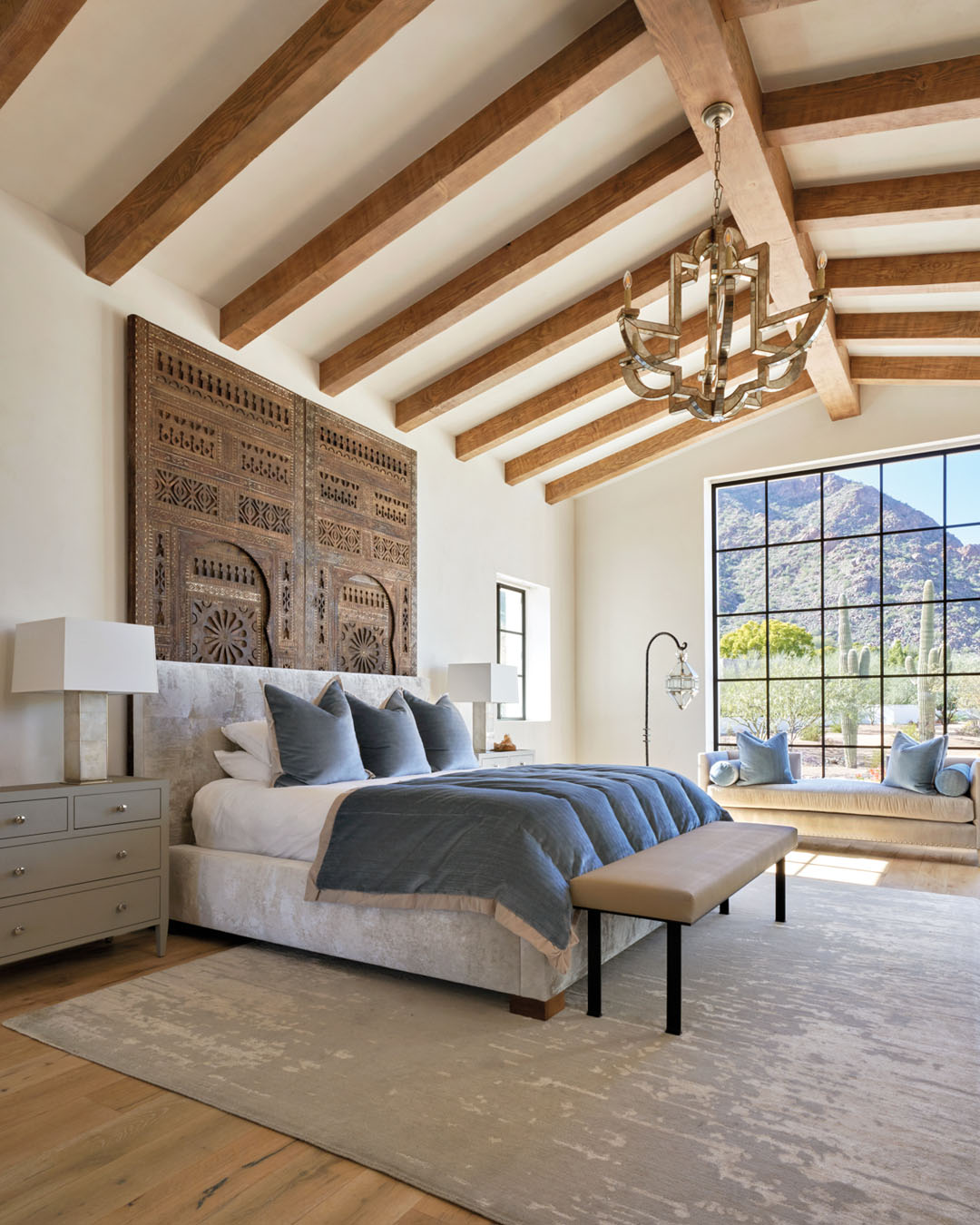 Bathroom with Wood Ceiling Beams and Moroccan Accents