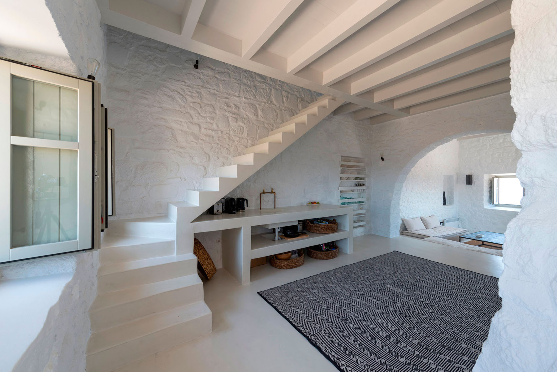 Modern Home Interior with White Stone Walls