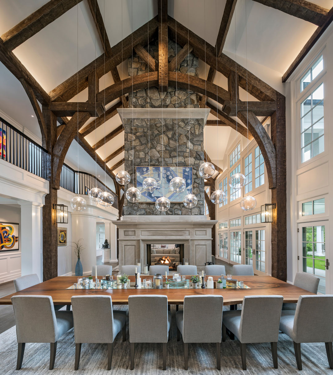 Grand Living Hall with Timber Frame Roof Beams