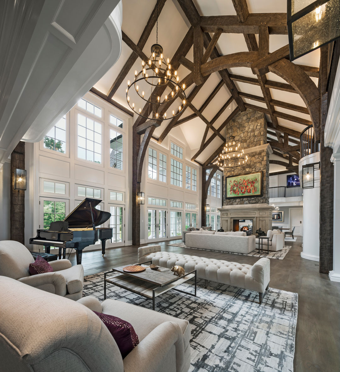 Grand Living Room with Timber Frame Roof Beams