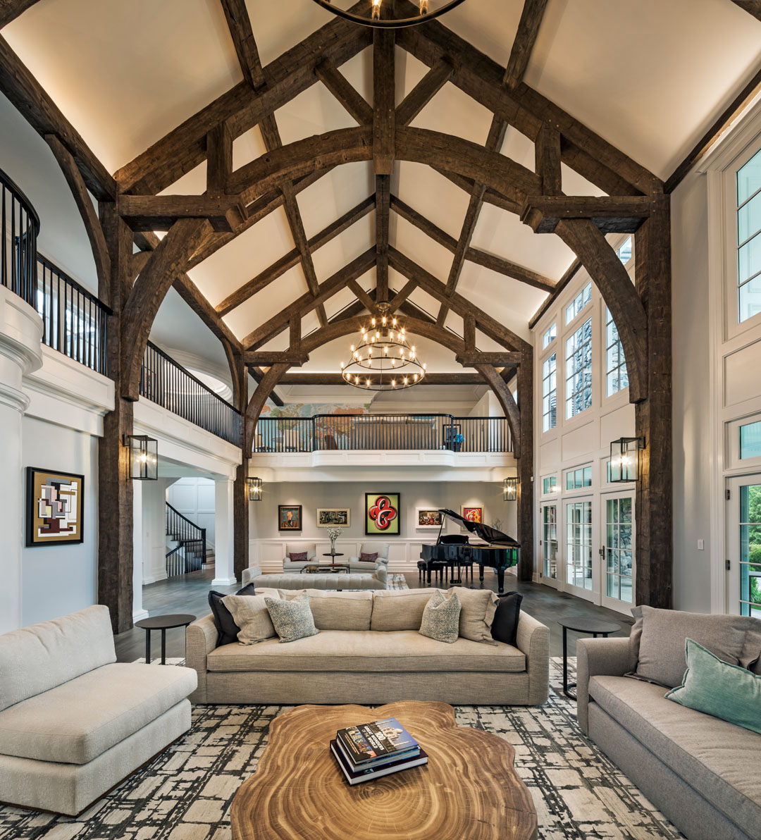 Grand Living Room with Timber Frame Roof Beams