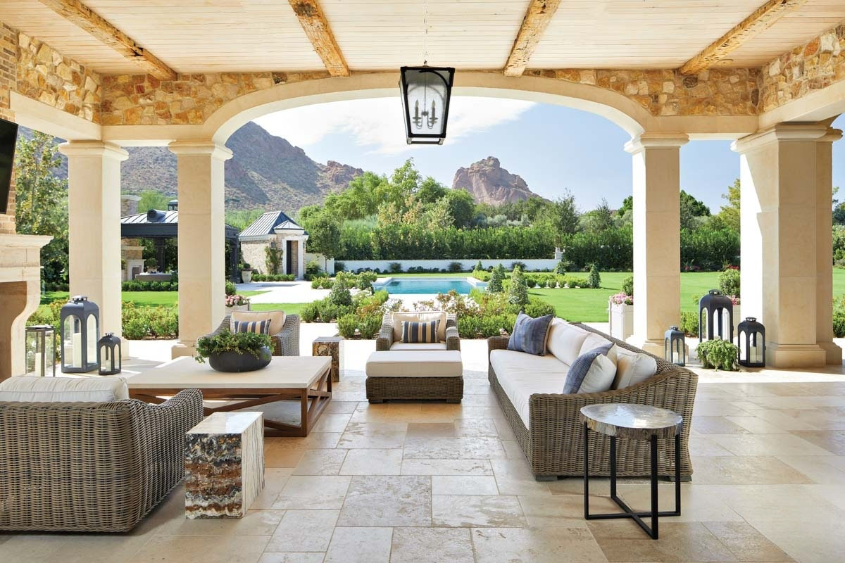 Covered Outdoor Living Room with Pool and Mountain View