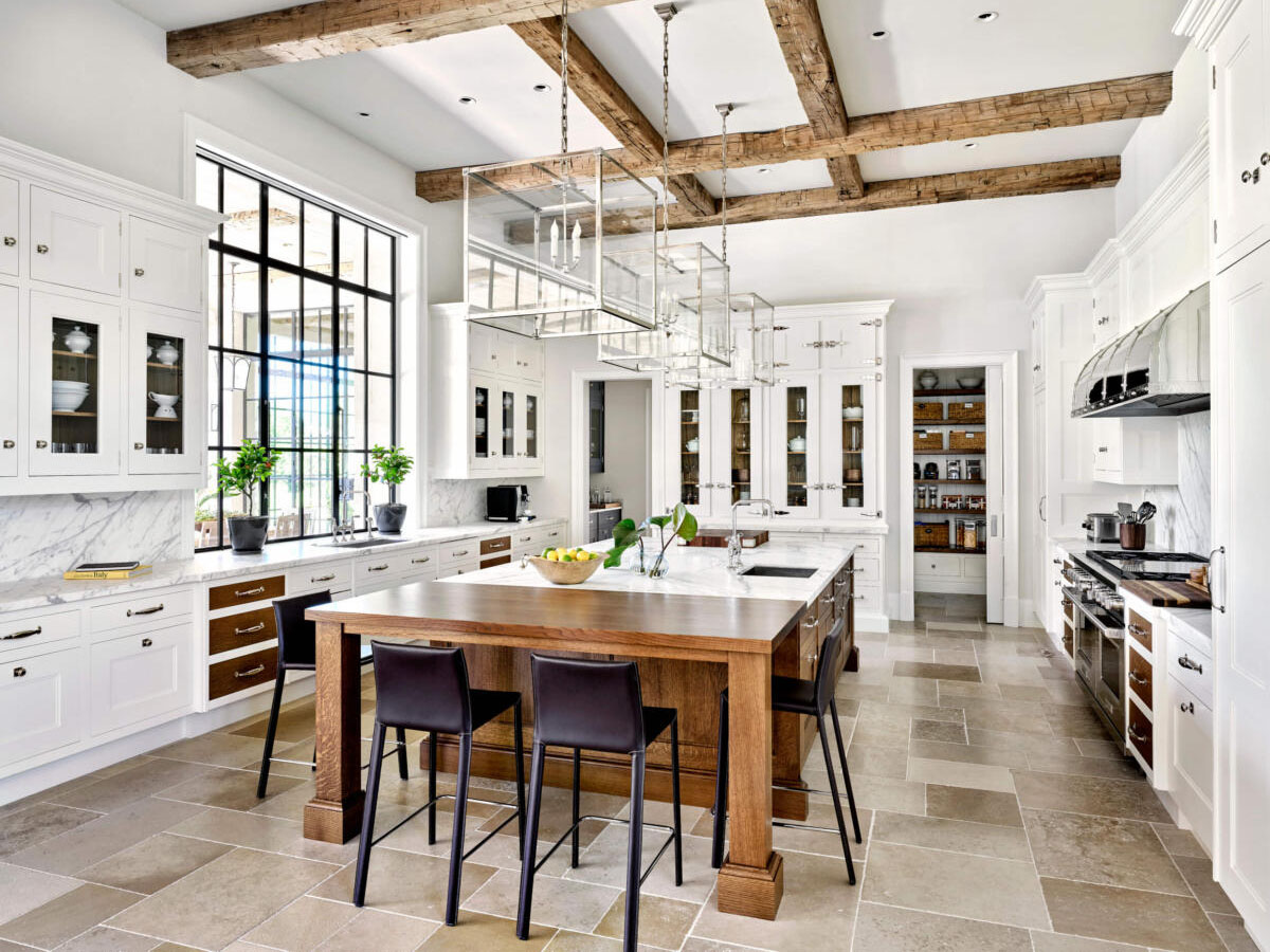 White Contemporary Kitchen with Oak Beams