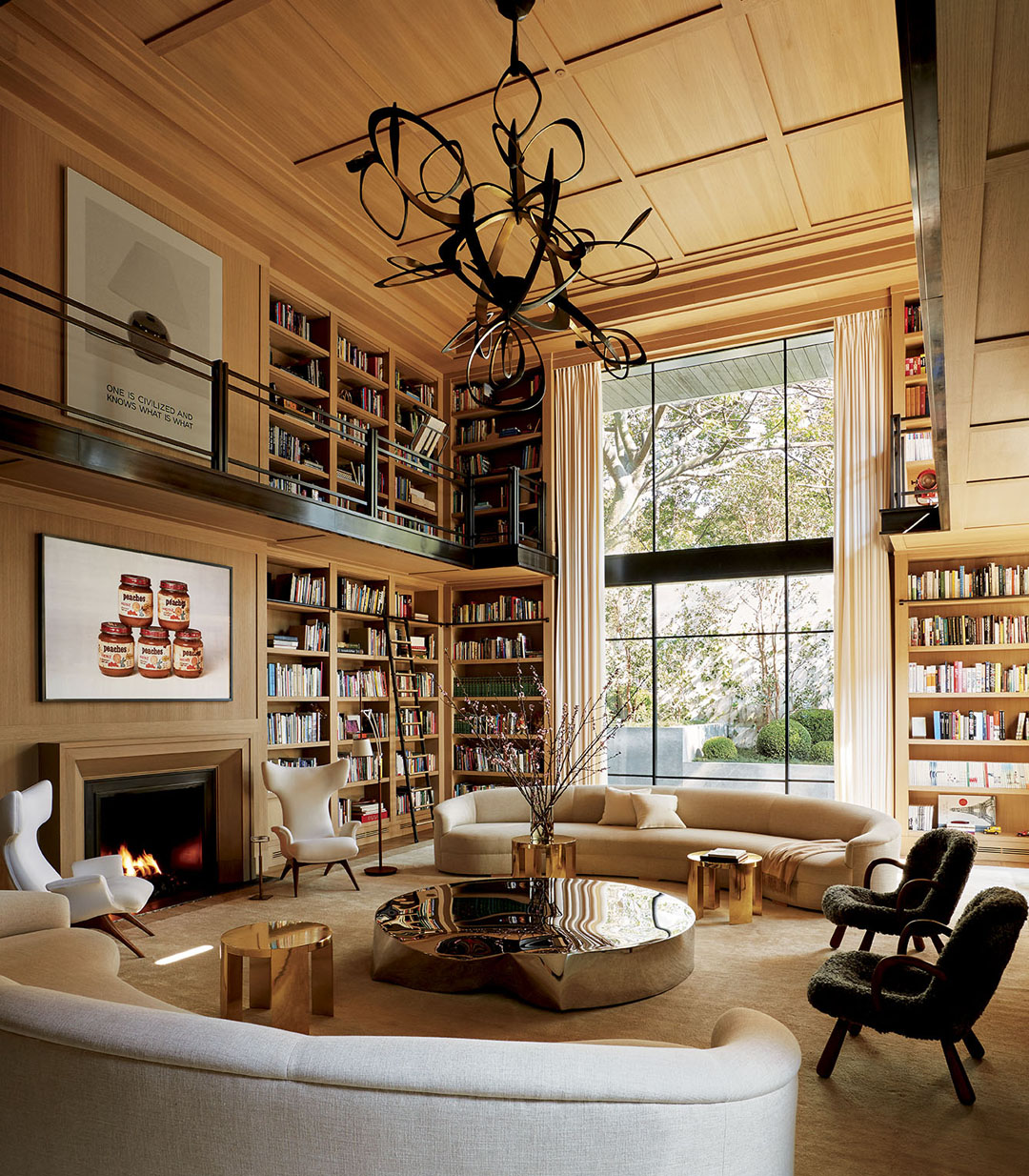 Double-Height Home Library with Mezzanine Walkway