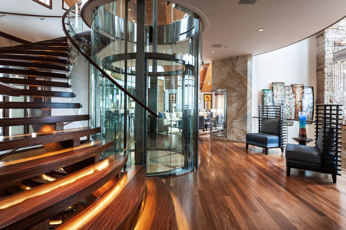 Round Glass Elevator Spiral Staircase