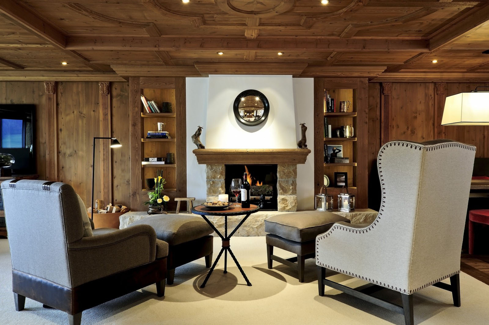 Stone Fireplace with Wood Mantel and Wood Panel Walls & Ceilings