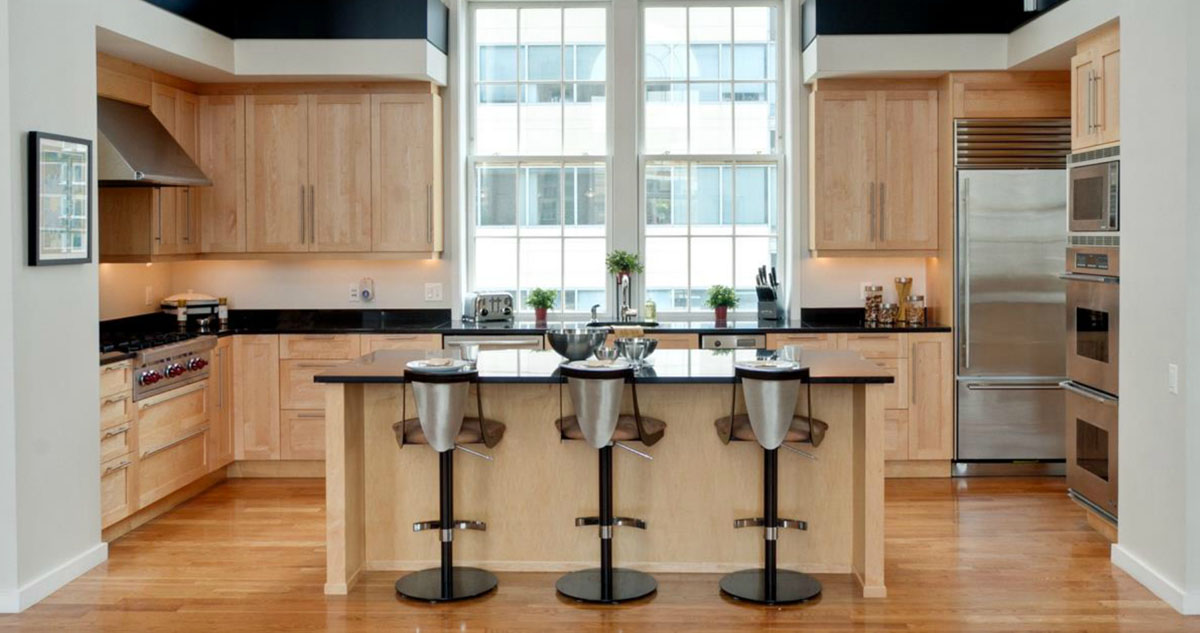 Penthouse Apartment Kitchen with Modern Natural Wood Cabinets