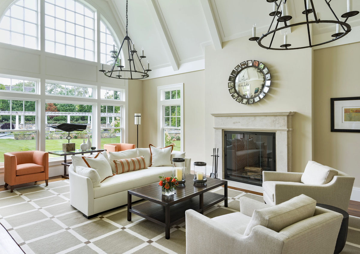 Living Room has with Soaring Cathedral Ceiling