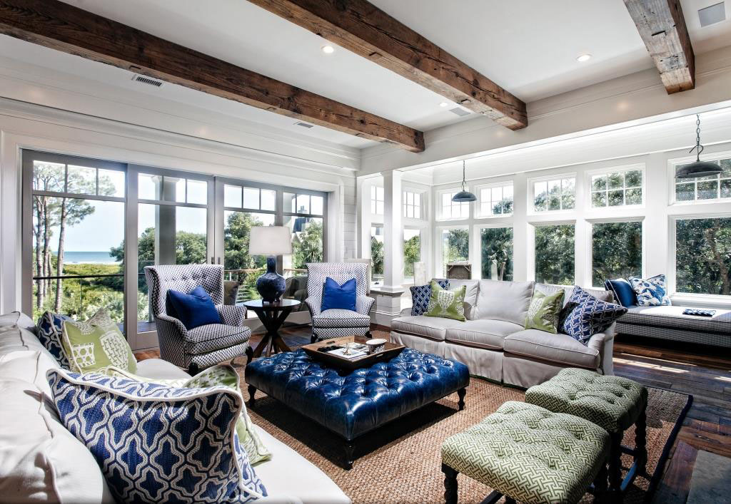 Rustic Elegant Ocean View Living Room with Wood Beams