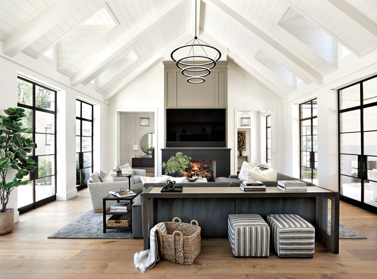 Contemporary Living Room with Vaulted Ceilings and Steel Doors and Windows