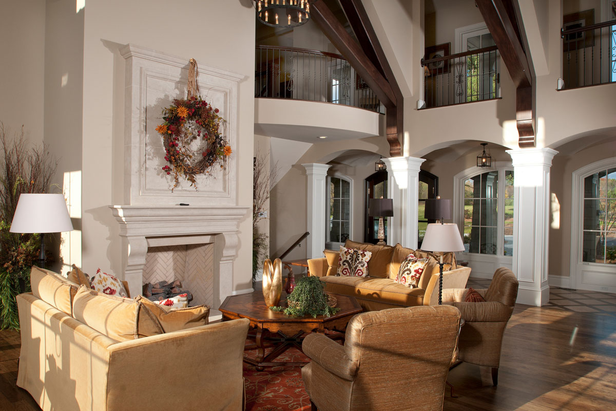Double-Height Living Room with Limestone Fireplace