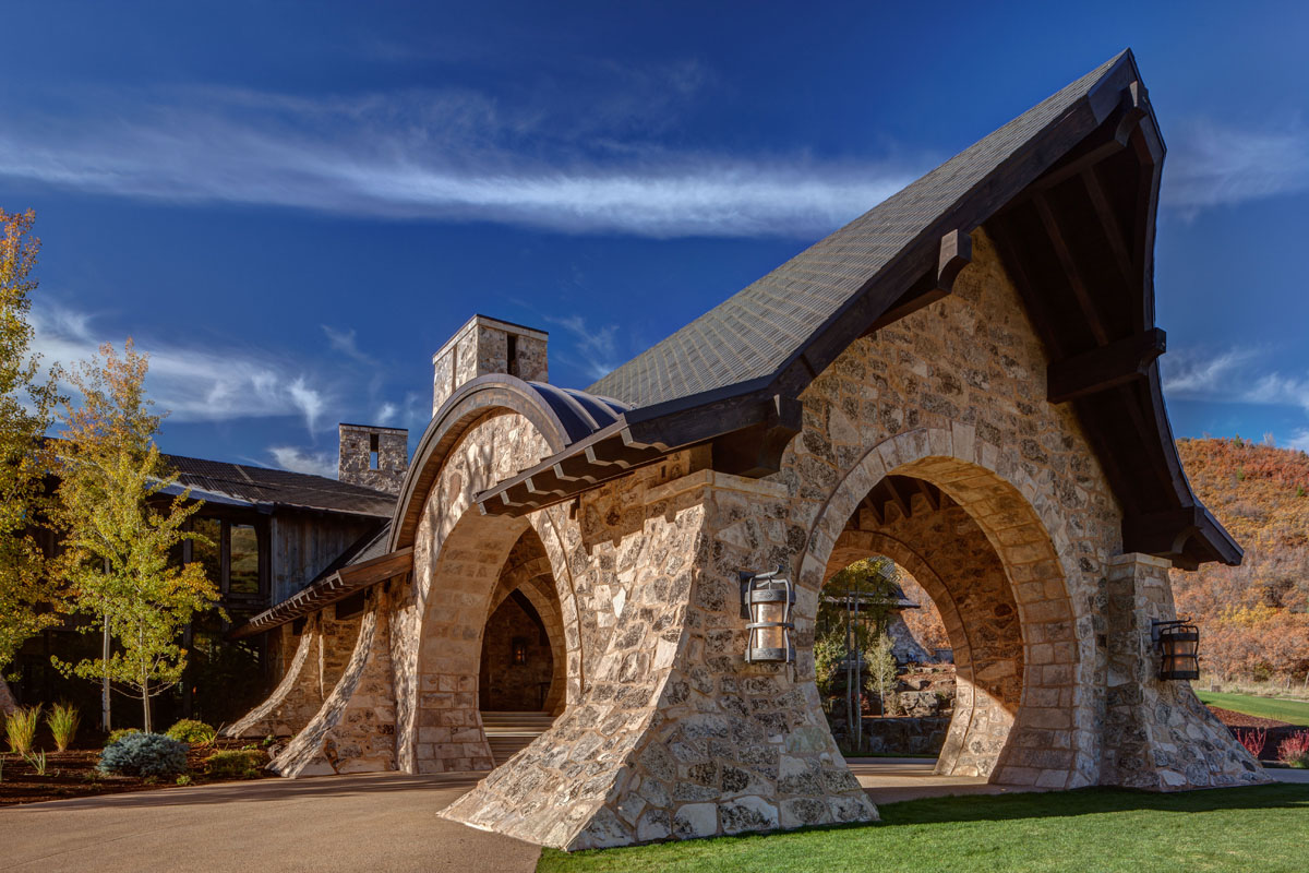 Rounded Stone Veneer Entryway and Porte Cochere