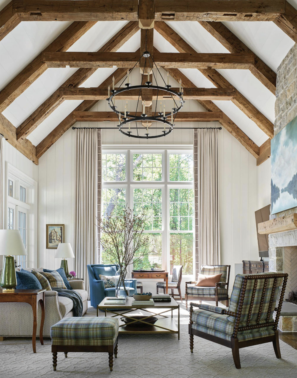 Family Room with Vaulted Ceiling and Reclaimed Wood Beams