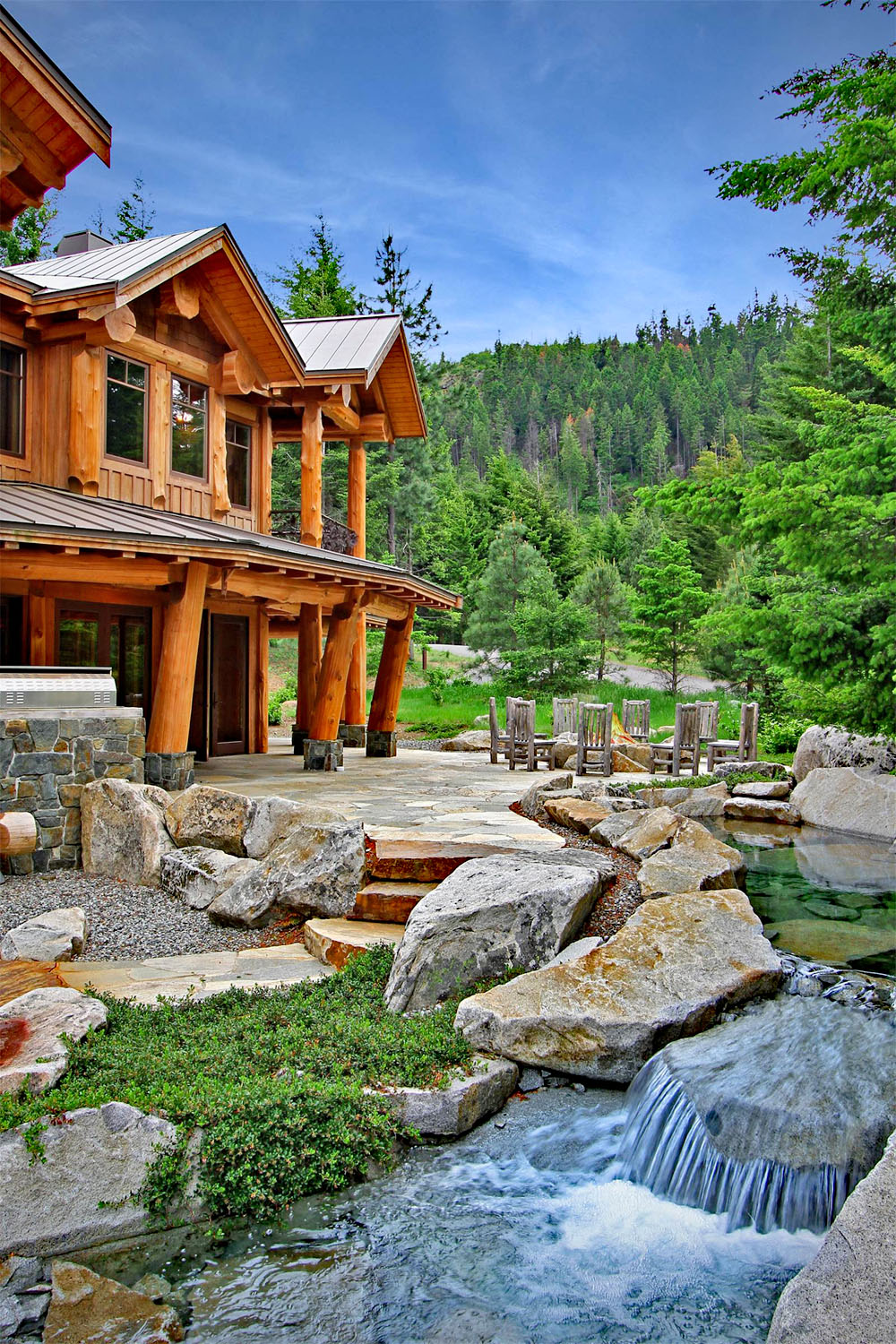 Luxury Rustic Log Home with Waterfall and Mountain Backdrop