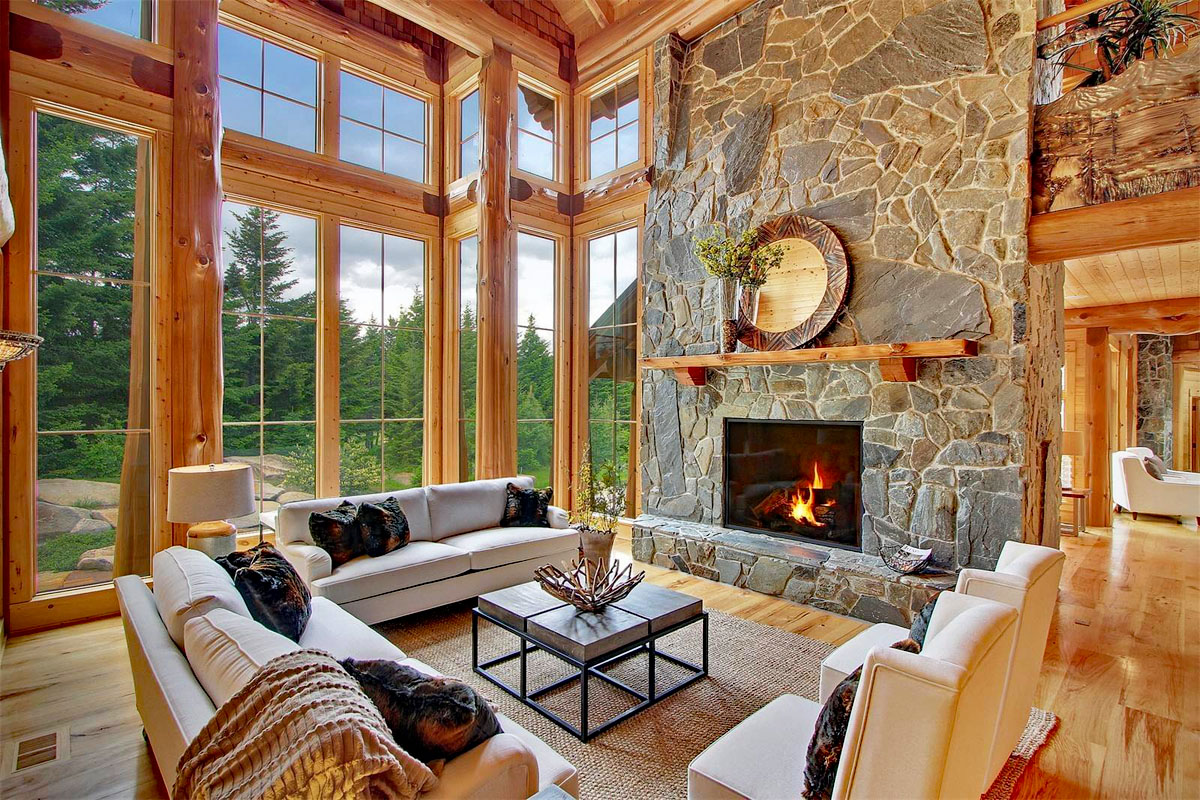 Rustic Living Room with Large Stone Fireplace