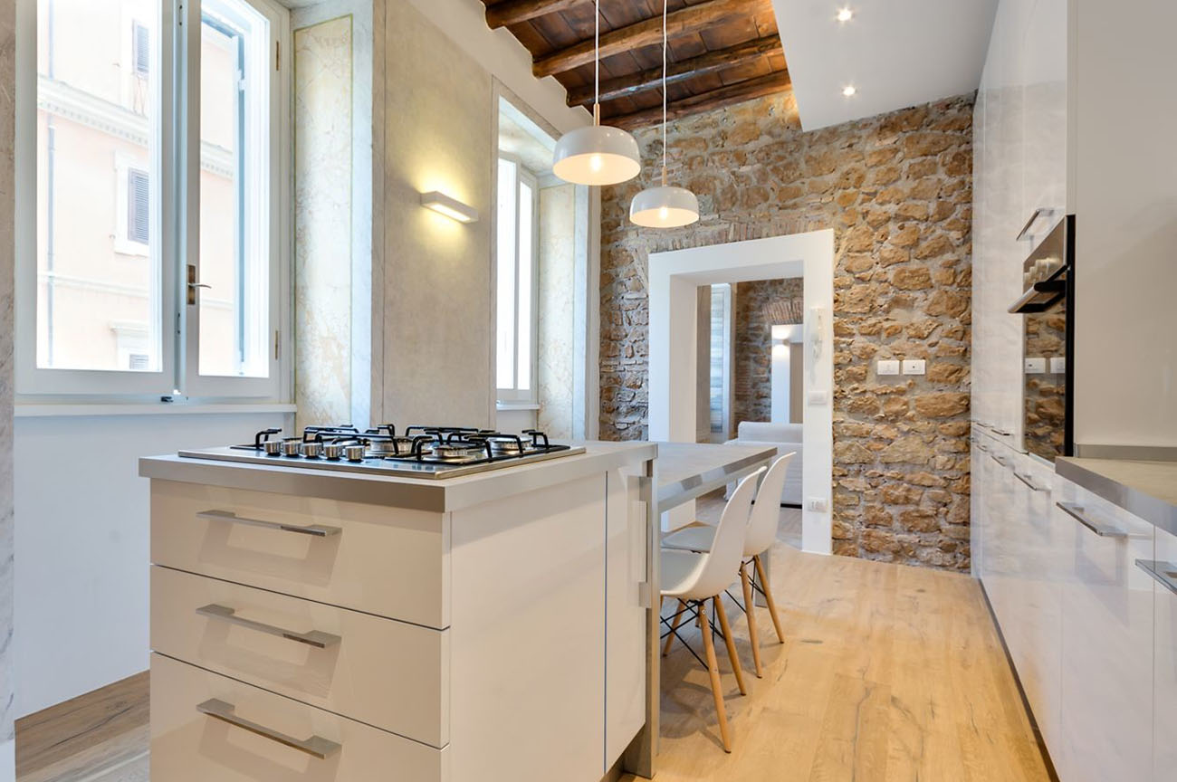 Renovated Modern Kitchen with Stone Wall