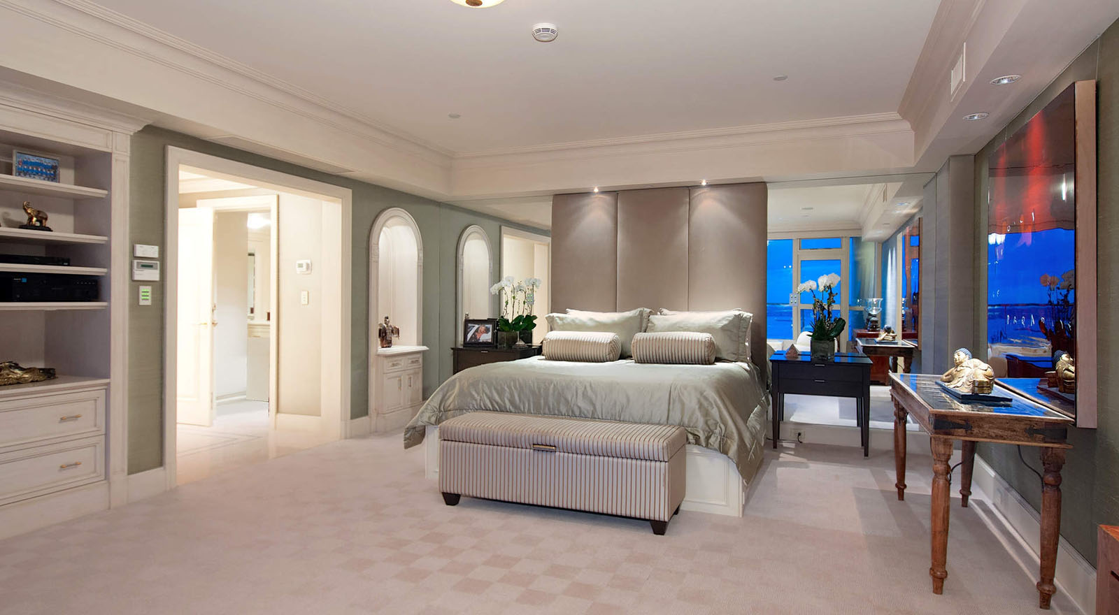Master Suite with raw silk wall treatment
