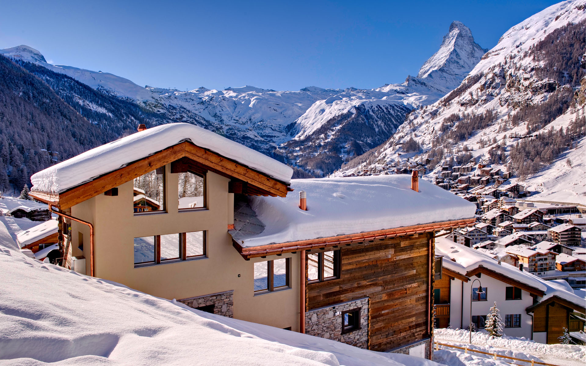 Ski Chalet in Zermatt with Matterhorn in the background