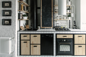 Black and White Kitchen with Wood Cabinets